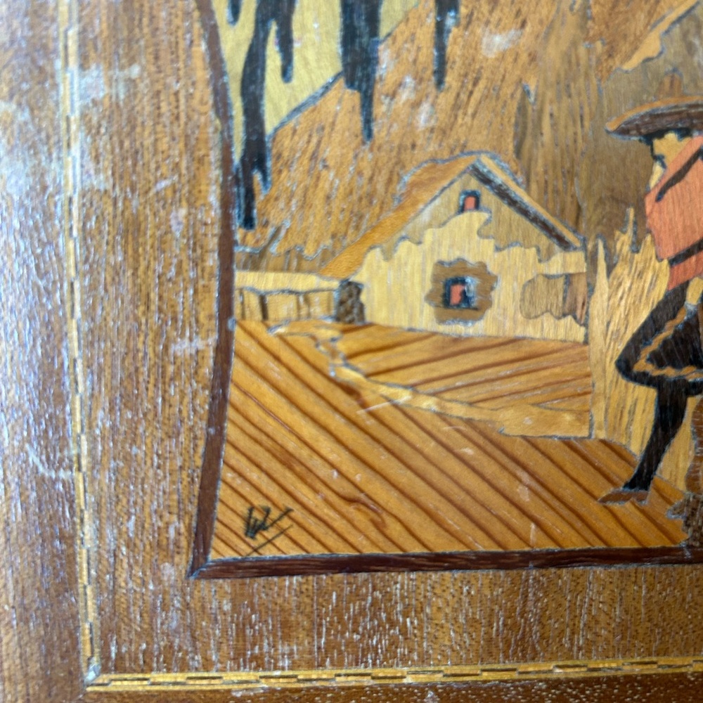 Vintage framed marquetry wood art brown tan man dog cart Jesus Salmon lot of two - Picture 7 of 9